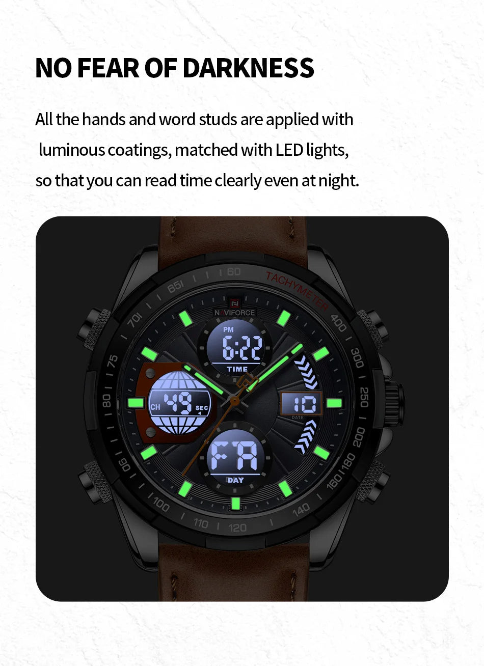 NAVIFORCE 2021 - Reloj deportivo para hombre, resistente al agua, con pantalla dual, luminoso, de cuarzo y cuero genuino, masculino