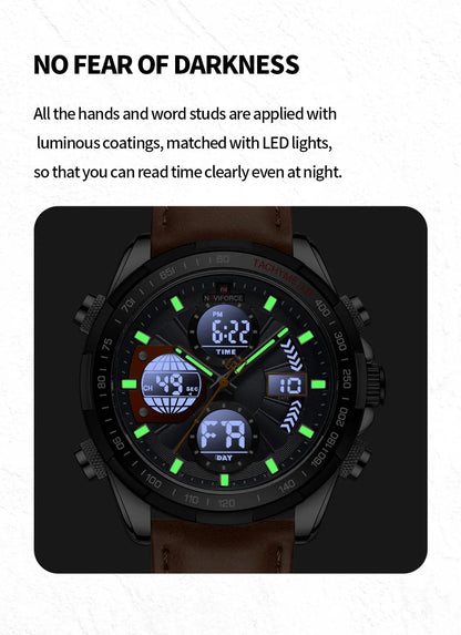NAVIFORCE 2021 - Reloj deportivo para hombre, resistente al agua, con pantalla dual, luminoso, de cuarzo y cuero genuino, masculino