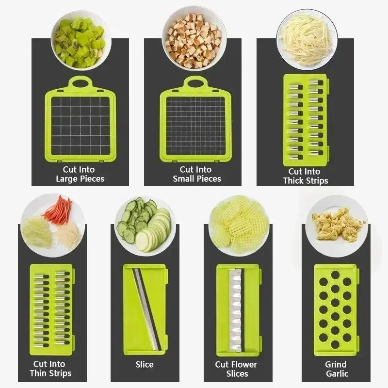 Picadora de verduras multifuncional 14/16 en 1 con mango, rallador de alimentos, picadora de alimentos, rebanadora de verduras, cortadora de dados, artículos de cocina