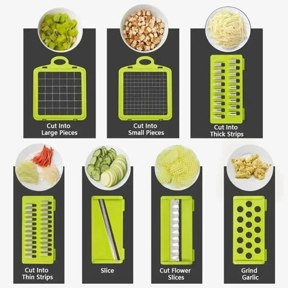 Picadora de verduras multifuncional 14/16 en 1 con mango, rallador de alimentos, picadora de alimentos, rebanadora de verduras, cortadora de dados, artículos de cocina
