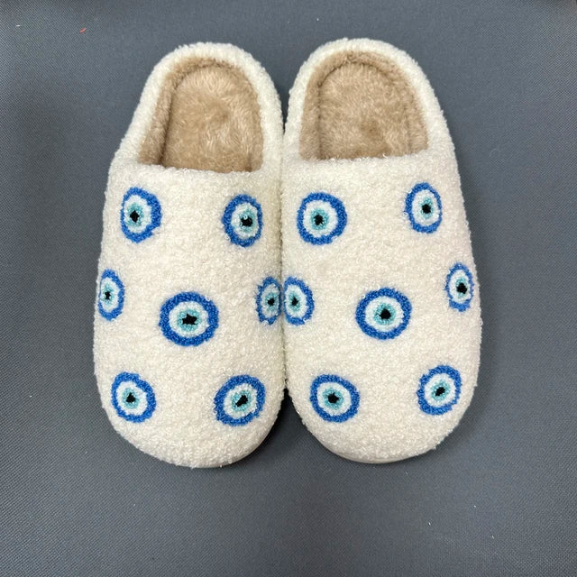 Pantuflas de felpa cálidas de invierno con diseño de ojos malvados pequeños azules retro de AD Ins, zapatos cómodos de moda 