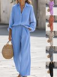 2 pieces women sets 2026 New casual lapel long-sleeved shirt+long pants cotton suit sets women's clothing