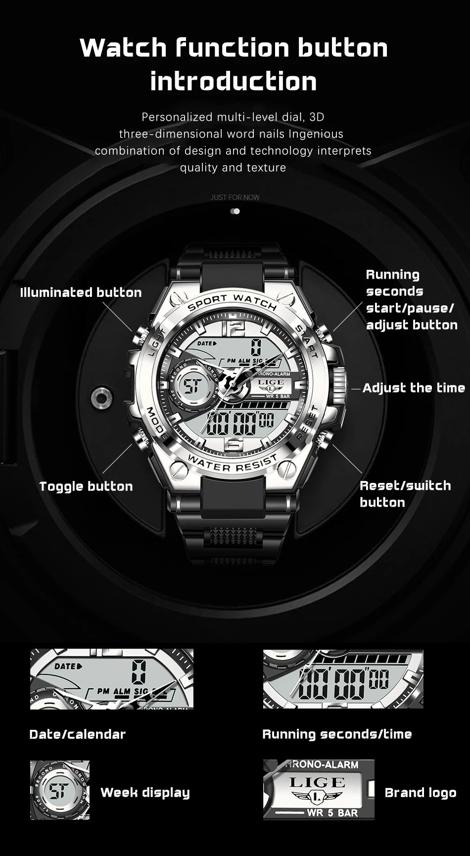 Reloj militar LIGE para hombre, digital, resistente al agua hasta 50 m, LED, de cuarzo, deportivo, grande, Masculino