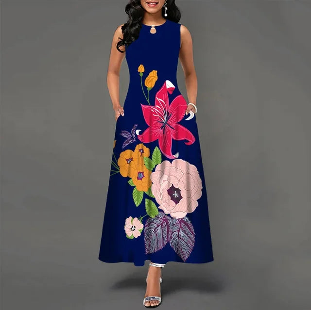 Women's V-neck Sleeveless Long Dress Retro Bohemian Dresses Floral Print Swing Casual New 