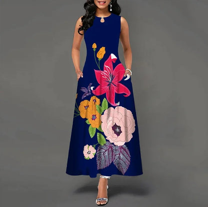 Vestido longo sem mangas com decote em v feminino, vestidos retrô boêmios, estampa floral, swing, casual, novo