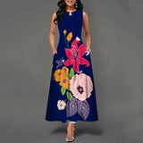 Women's V-neck Sleeveless Long Dress Retro Bohemian Dresses Floral Print Swing Casual New 