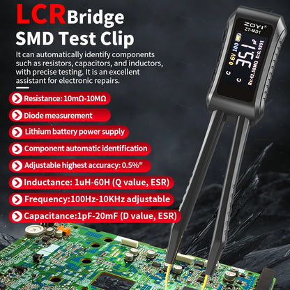 Mini pinza inteligente ZOYI MD1, comprobador LCR SMD ESR, resistencia, capacitancia, inductancia, continuidad, diodo, herramientas de medición