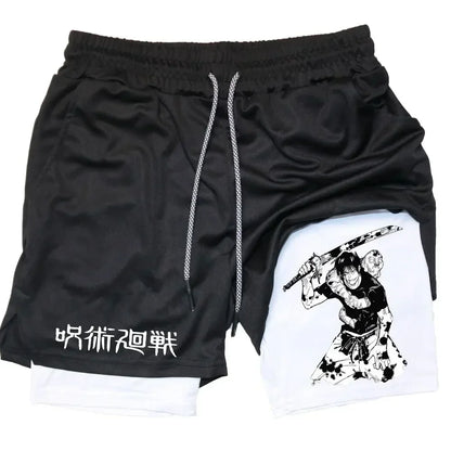 Men's Sports Shorts Anime Performance Shorts Printed Men GYM Casual Sport Compression Shorts Workout Running Mesh 2 in 1 Shorts