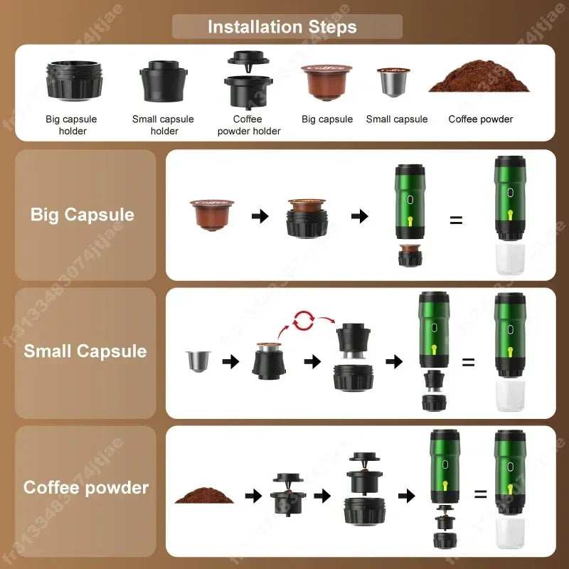 Electric Portable Coffee Machine Portable Italian Espresso Machine for Car & Home 3-in-1 Capsule Powder Travel Coffee Maker