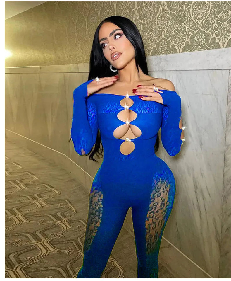 OSEN-Winter Sexy Thick Women one Piece Outfit Chic Hollow Rhinestones Slash Neck Patchwork Leggings Stretch Matching Clubwear