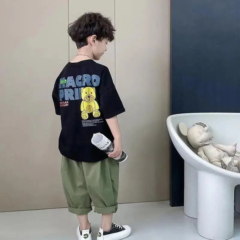 Camiseta de manga corta de verano para niños, Top de cuello redondo para niños pequeños y medianos, moda informal versátil de media manga