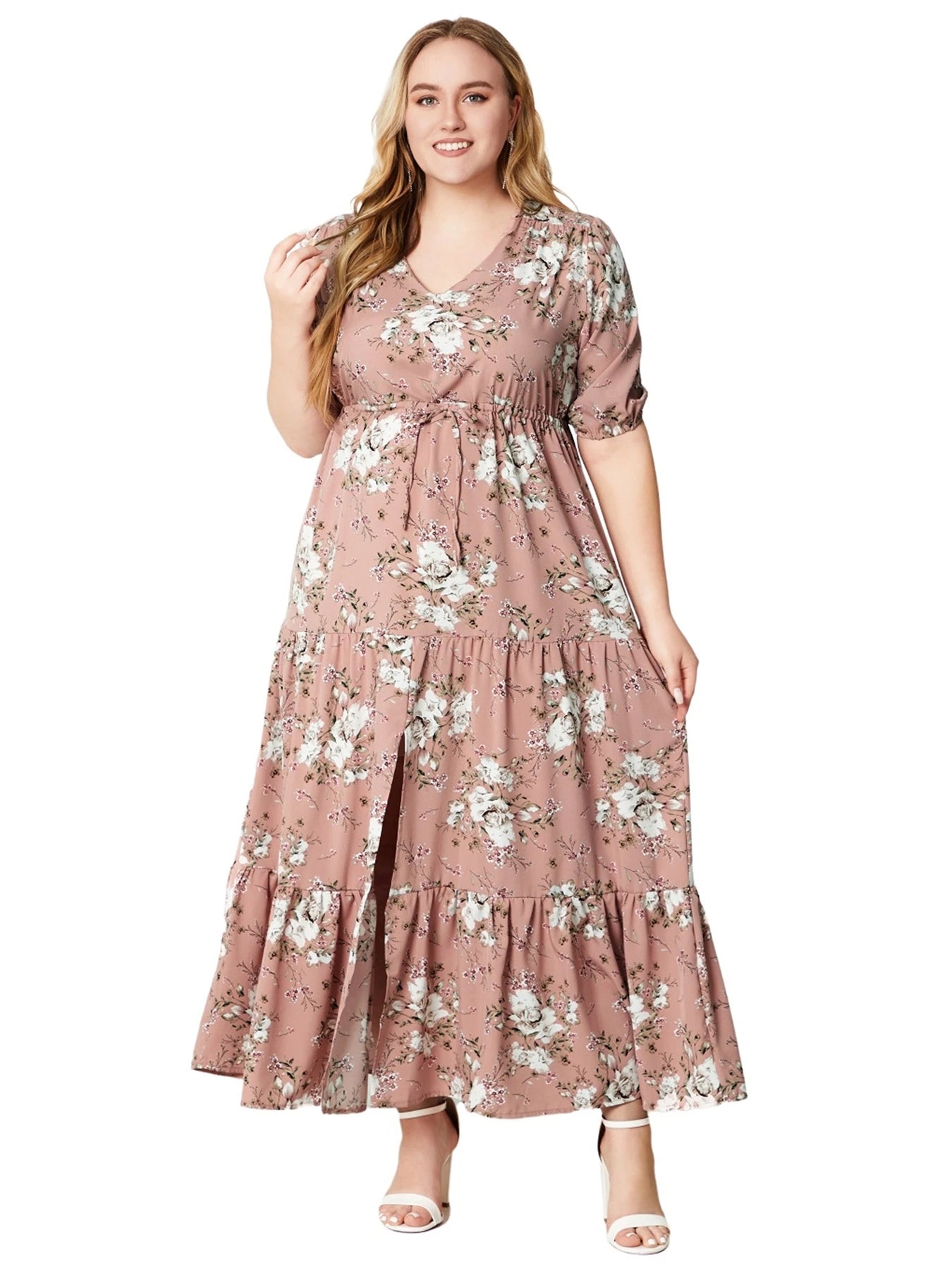 Vestido longo estampado floral para mulheres, tamanho grande, meia manga, bainha dividida, maxi, pescoço em v