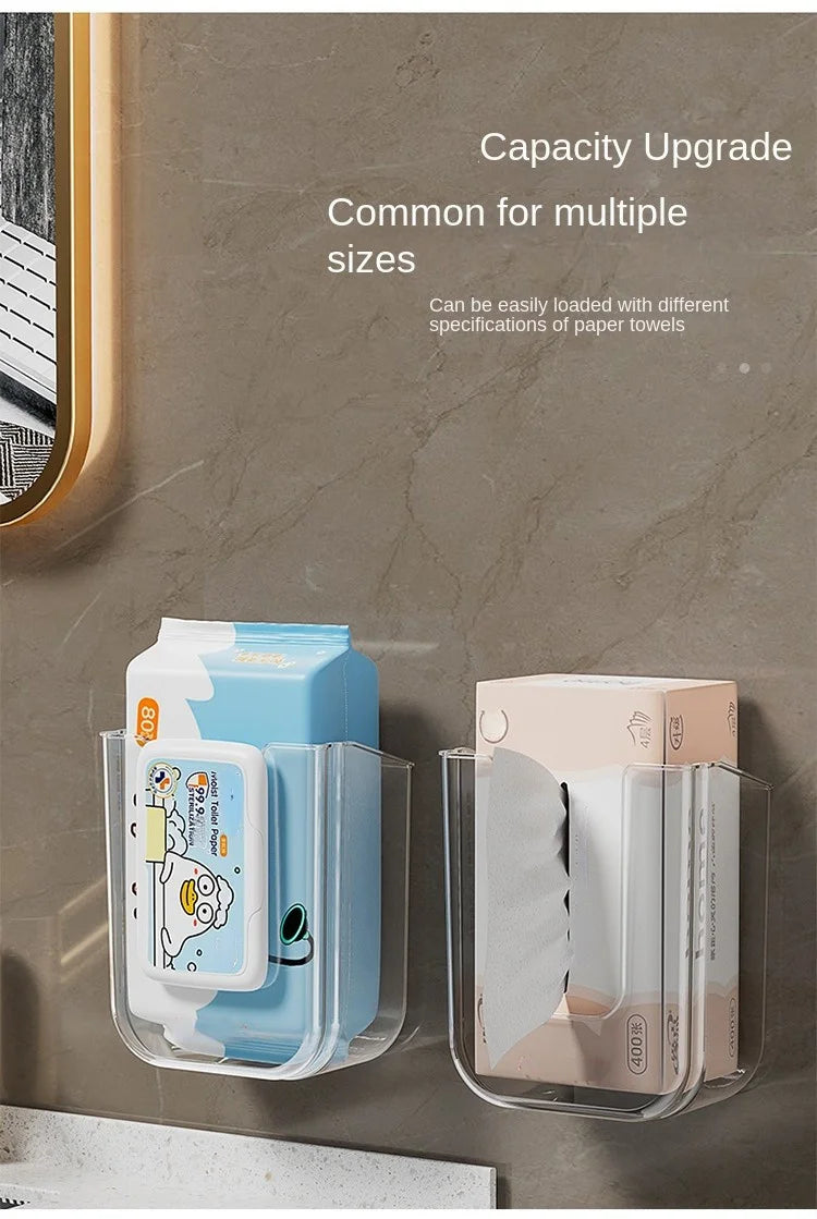 Wall-Mounted Wet Wipe Dispenser, Self-Adhesive Plastic Holder, with Large Opening, for Bathroom Tissue Storage Box Organizer