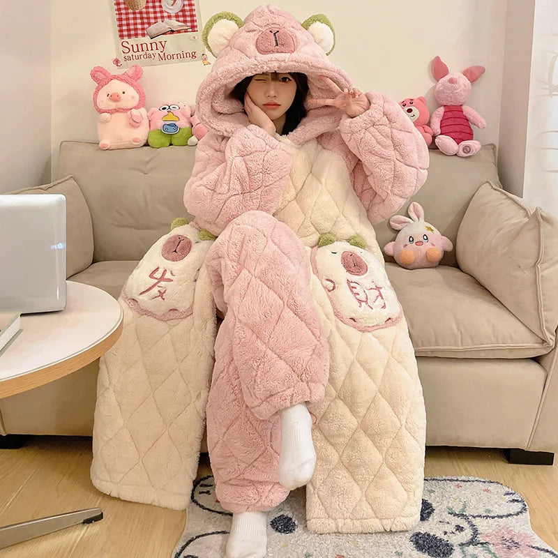 Plus Size Cartoon Coral Fleece Nightgown Pants Two Piece Sets for Women Winter Flannel Thicken Kawaii Bunny Hooded Pajamas Suit