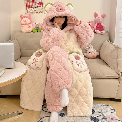 Plus Size Cartoon Coral Fleece Nightgown Pants Two Piece Sets for Women Winter Flannel Thicken Kawaii Bunny Hooded Pajamas Suit