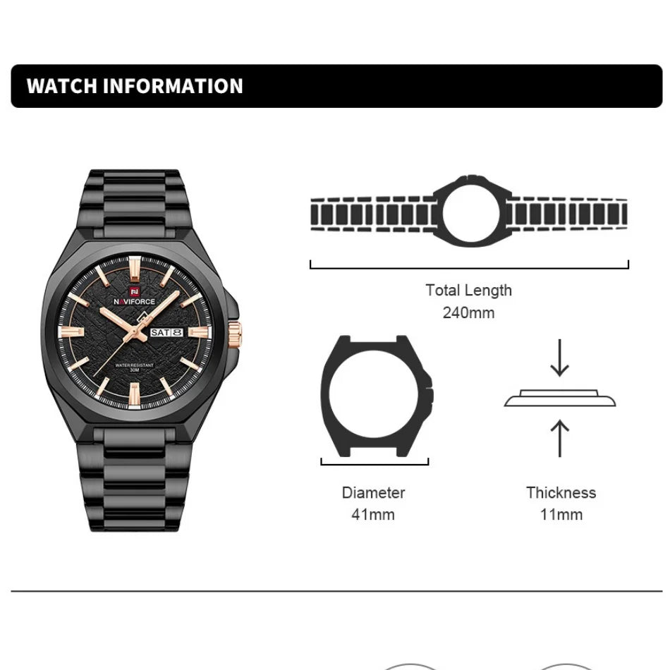 New Style NAVIFORCE Men's Wrist Watch 3ATM Waterproof Stainless Steel Band Luminous Pointer Display Luxury Boys Watches Gifts