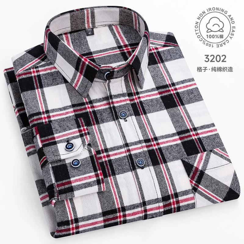 Men Fashion Long Sleeve Brushed Flannel Shirt Single Pocket Comfortable 100% Cotton Casual Slim Fit Button-down Plaid Shirts 8XL
