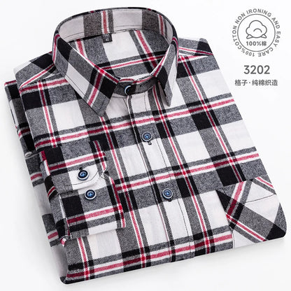 Men Fashion Long Sleeve Brushed Flannel Shirt Single Pocket Comfortable 100% Cotton Casual Slim Fit Button-down Plaid Shirts 8XL