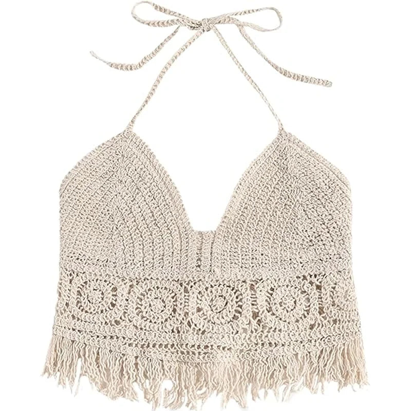 Vest Short Tank Women's Boho Fringe Backless Halter Tie Neck Underwear Outerwear with Neck Hanging Embroidery Tassel Suspender