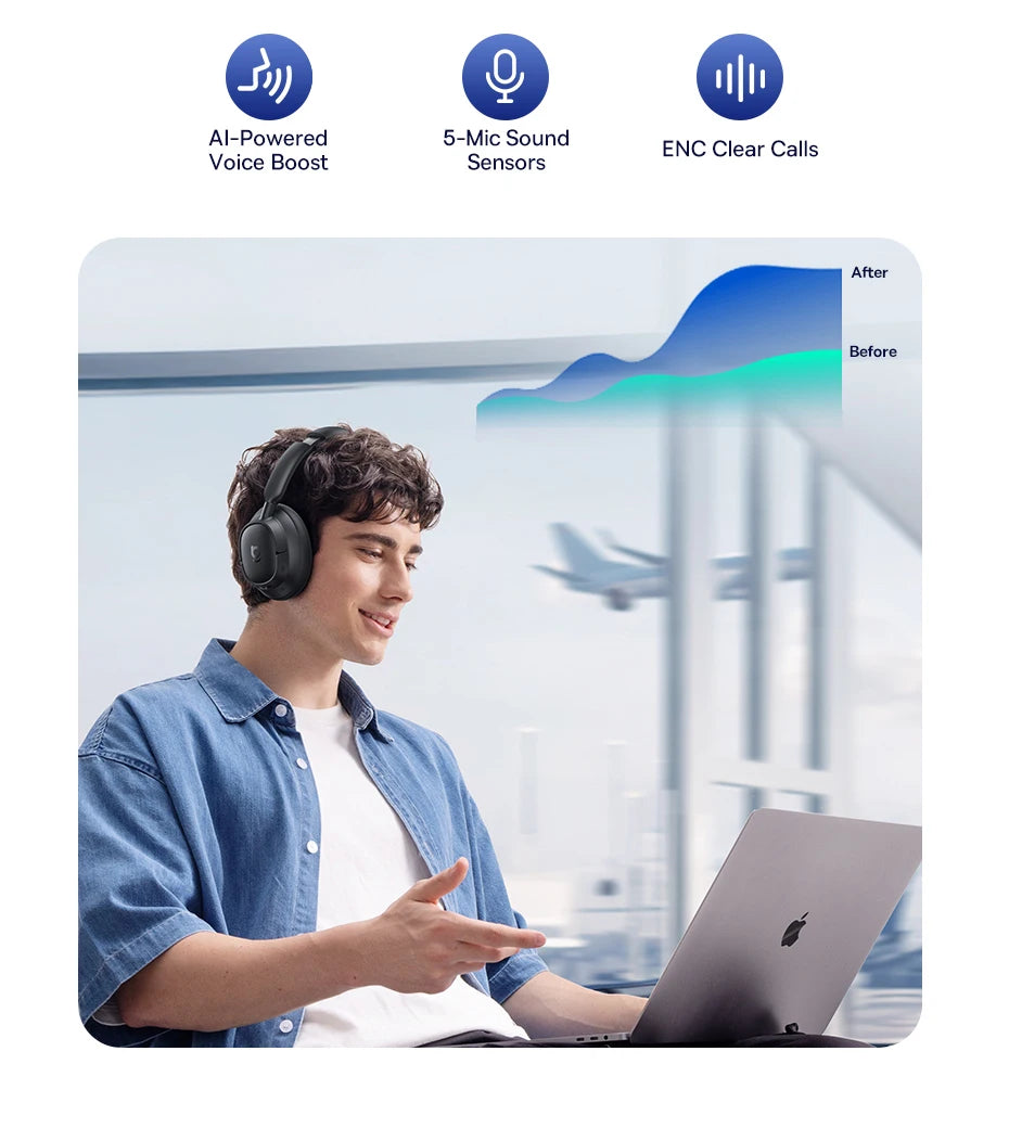 Fone de Ouvido Sem Fio Baseus EH10 NC ANC com Cancelamento de Ruído Híbrido Adaptativo de 45dB, Hi-Res LDAC, Bluetooth 6.0 e 80 Horas de Autonomia