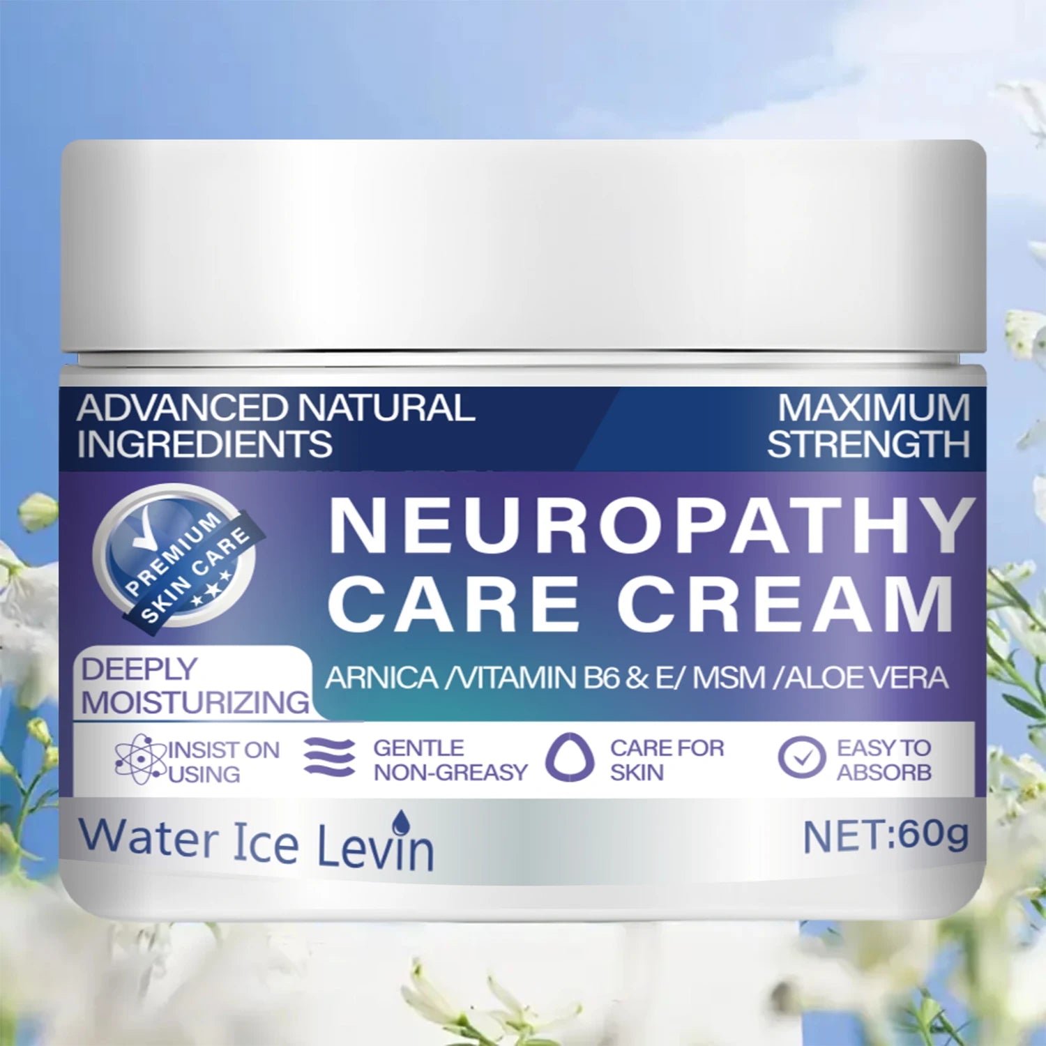 Water Ice Levin Maximum Strength Neuropathy Cream - with Natural Ingredients (Arnica, Msm, Aloe) for Intensive 72-Hour Hydration
