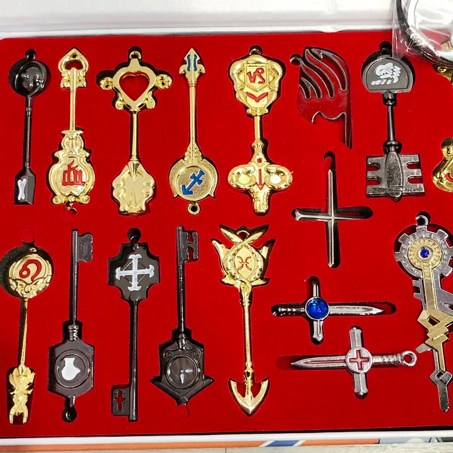 Anime Pendants Jewelry Necklace Keyrings Elsa Lucy Keys Set Zodiac Star Spirit Magician Summons Cosplay Key Ring Gift
