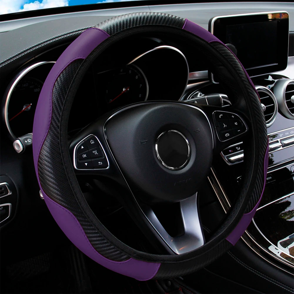 PU Carbon Fiber Leather Car Steering Wheel Cover without Inner Ring Suitable for 14.5-15 Inches Auto Supplies