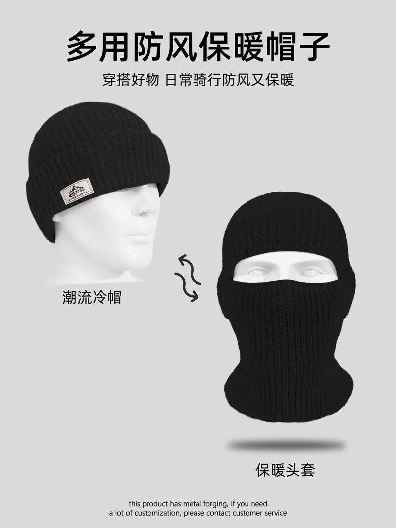 Winter 2 in1 Mask Beanies Hats Warm Knitted Balaclava Hats Windproof Solid Full Face Ski Bonnet Tactical Cycling Earmuffs Cap