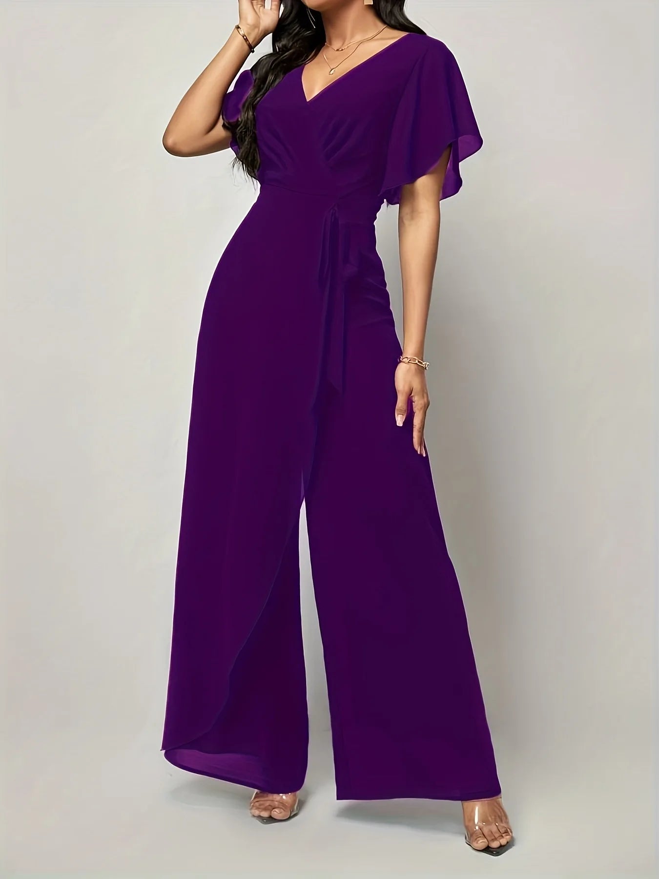 Women's New Solid V Neck Flutter Sleeve Tie Waist Split Wide Leg Jumpsuit Elegant Slimming Versatile Party Daily Casual Jumpsuit