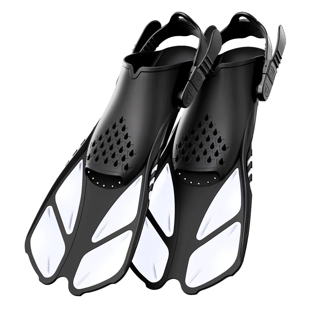 Aletas de snorkel con hebillas ajustables, aletas de natación cortas de silicona, zapatos de buceo con tacón abierto, talla de viaje, para adultos, hombres y mujeres
