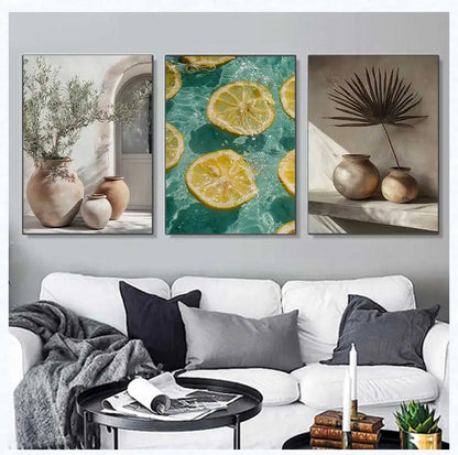 Retro Mediterranean Greece Landscape Poster Canvas Painting Wall Art Pictures Home Decoration Italian Lemon Orange Olive Tree