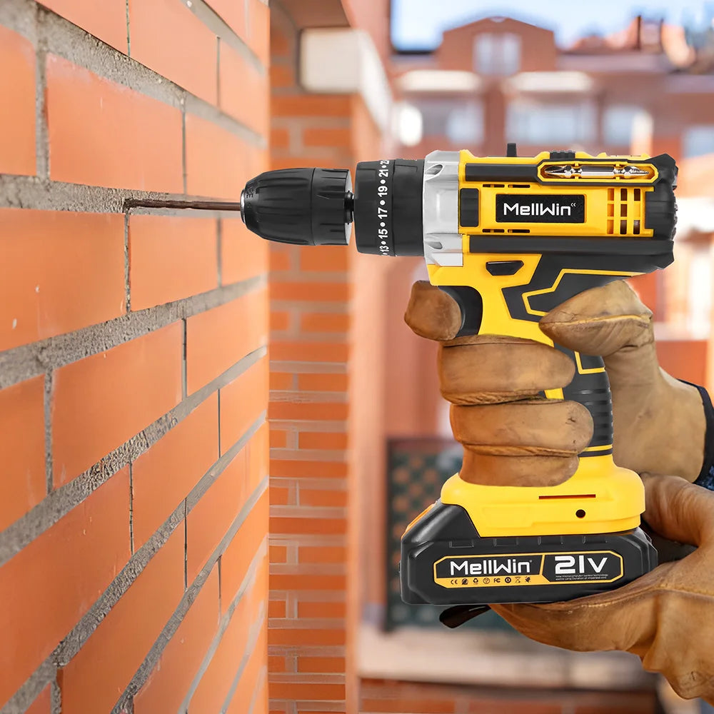 MELLWIN 25+3 Torque Electric Impact Drill 2 Gear Speed Adjustable Cordless Electric Screwdriver Power Tool For 21V-18V Battery