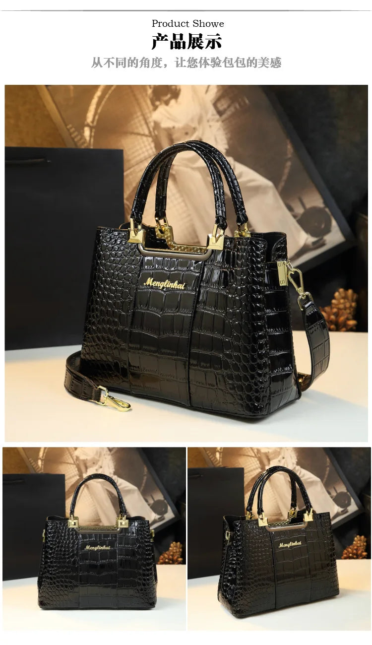 2023 New Luxury Crocodile Bag for Women Casual Tote High Qualtiy Patent Leather Shoulder Purses Elegant Dinner Noble Purse Black