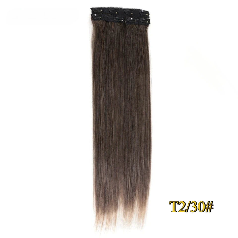 Kit 4 peças extensões de cabelo liso 60cm clip in aplique sintético ombre castanho e louro