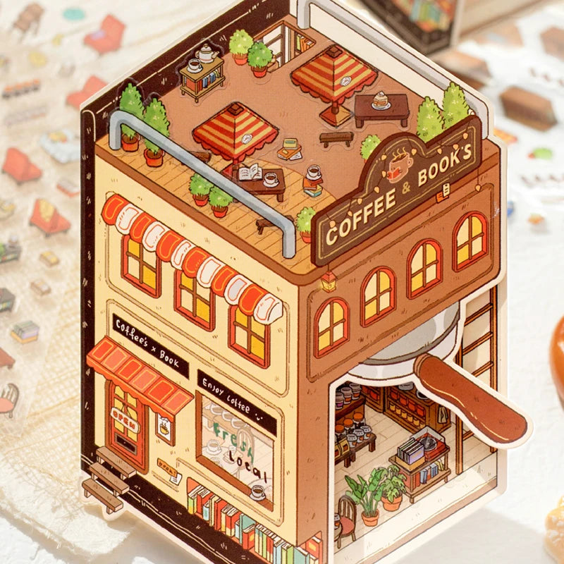 Mr. Paper 6Pcs/bag miniature store series folding scenic stickers visual stacking stickers stationery for DIY Journal, Scrapbook