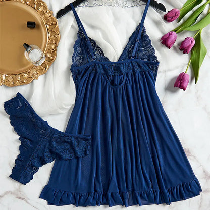 Exquisitas lencerías de tul con escote en V y encaje para mujer, conjunto de tanga semitransparente, camisones de lencería para mujer