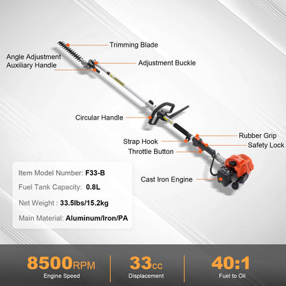 VEVOR 33CC 6-in-1 Multi-Functional Trimming Tool Gas Hedge Trimmer/Weed Eater/Brush Cutter/Pole Chainsaw Pruner w/Extension Pole