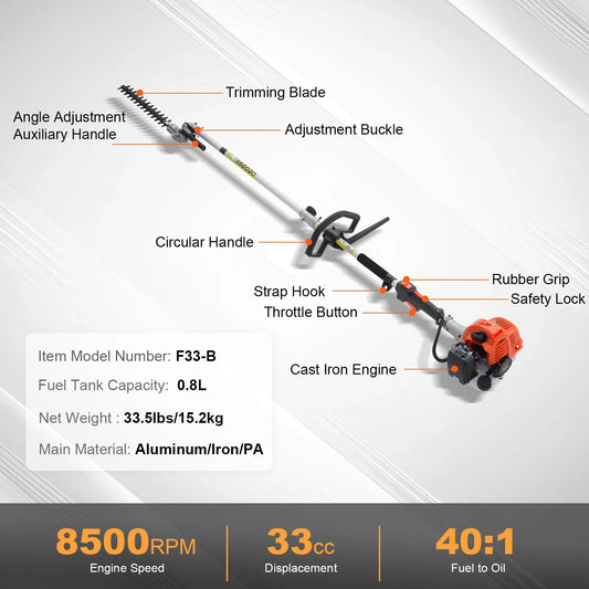 VEVOR 33CC 6-in-1 Multi-Functional Trimming Tool Gas Hedge Trimmer/Weed Eater/Brush Cutter/Pole Chainsaw Pruner w/Extension Pole