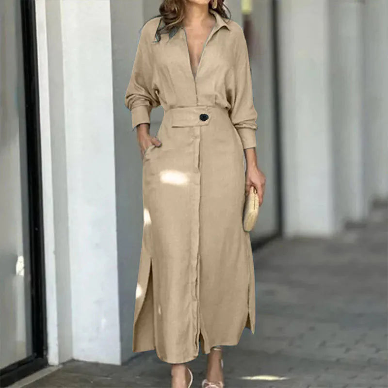 Women Dress 2025 Autumn New Fashion Elegant Long Sleeve Leisure Time Solid Color V Neck Sexy Ladies Shirt Dresses MsChuh S-3XL