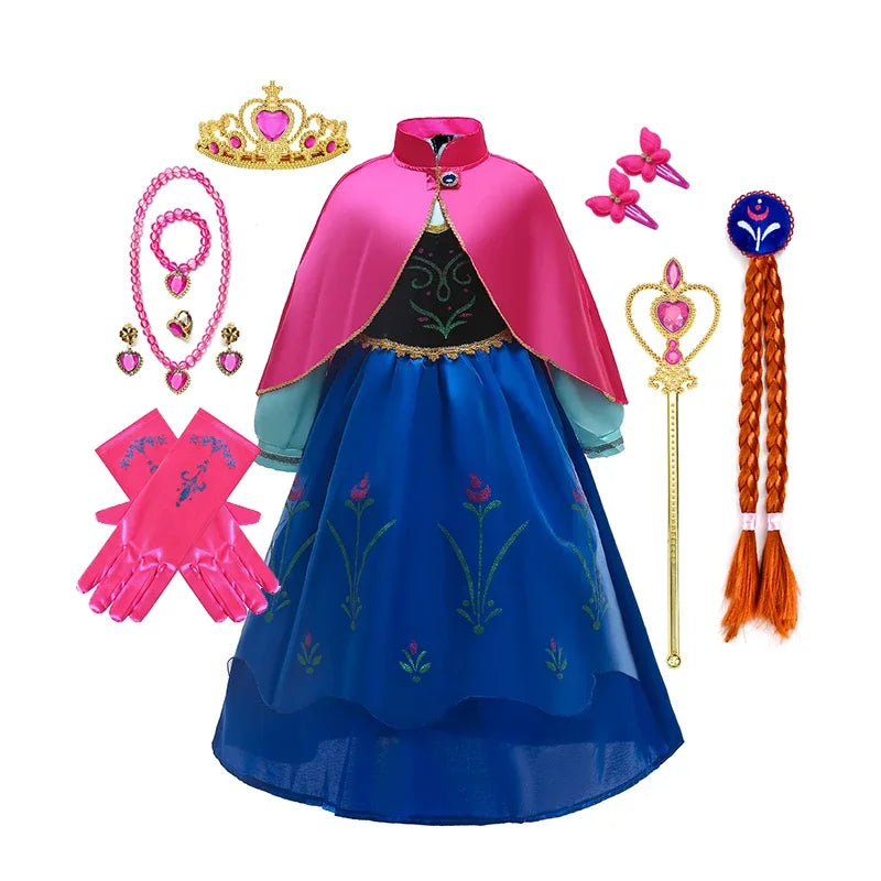 Disney Frozen Princess Anna Dress with Fuchsia Cape Girls Snow Queen Elsa's Sister Costume Play Toddler Carnival Royal Frocks
