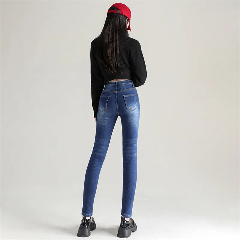 Women's Thermal Jeans Winter Snow Warm Plush Stretch Jeans Lady Skinny Thick Fleece Denim Long Pants Retro Blue Pencil Trousers
