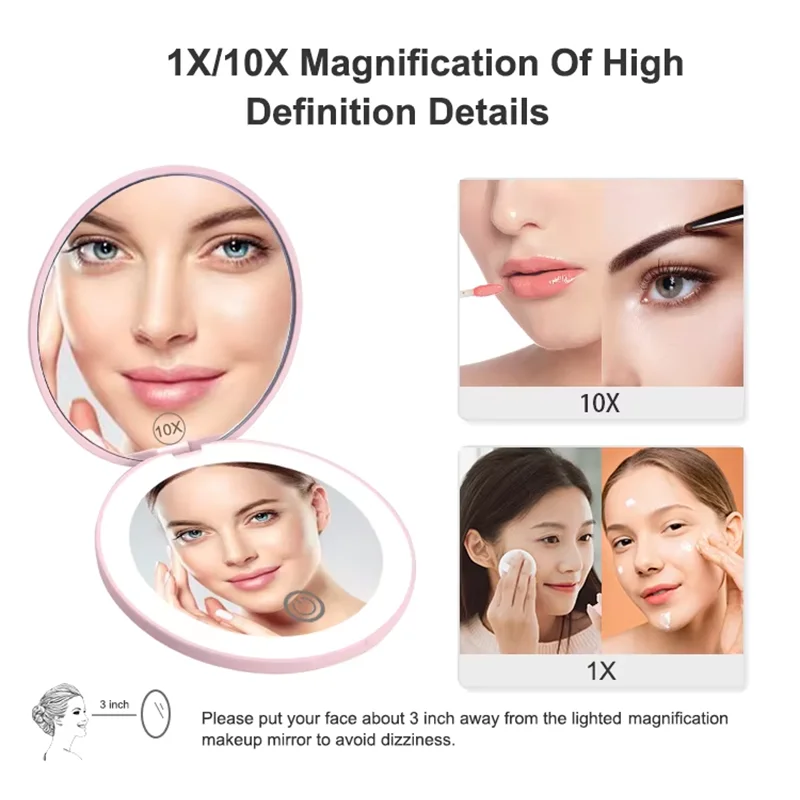 1X/10X Magnification LED Pocket Mirror Portable Handheld Rechargeable Compact Cosmetic Mirror with Light Travel Round Folding