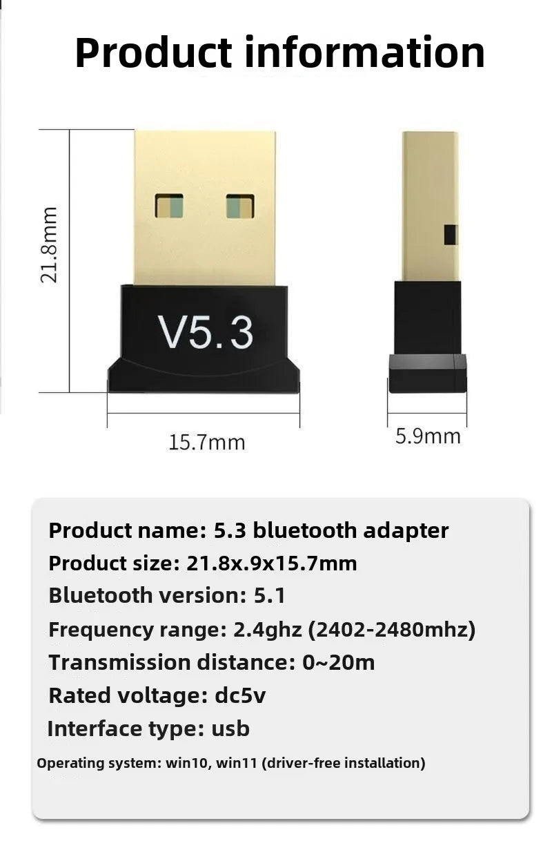 USB Bluetooth 5.3 Adapter Wireless Bluetooth 5.1 Dongle Adapter for PC Laptop Wireless Speaker Audio Receiver USB Transmitter