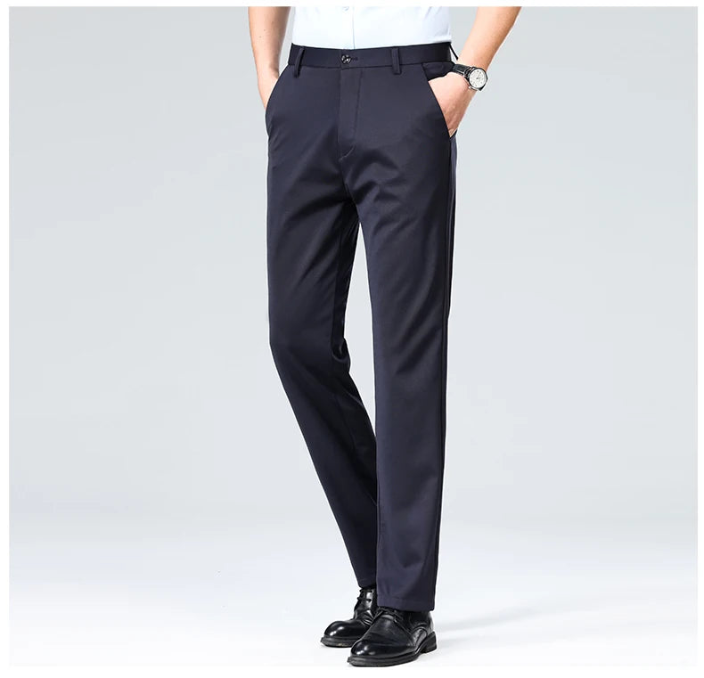 Pantalones de talla grande para hombre, pantalones de traje de negocios, pantalones de vestir formales elásticos, pantalones negros clásicos para hombre grande