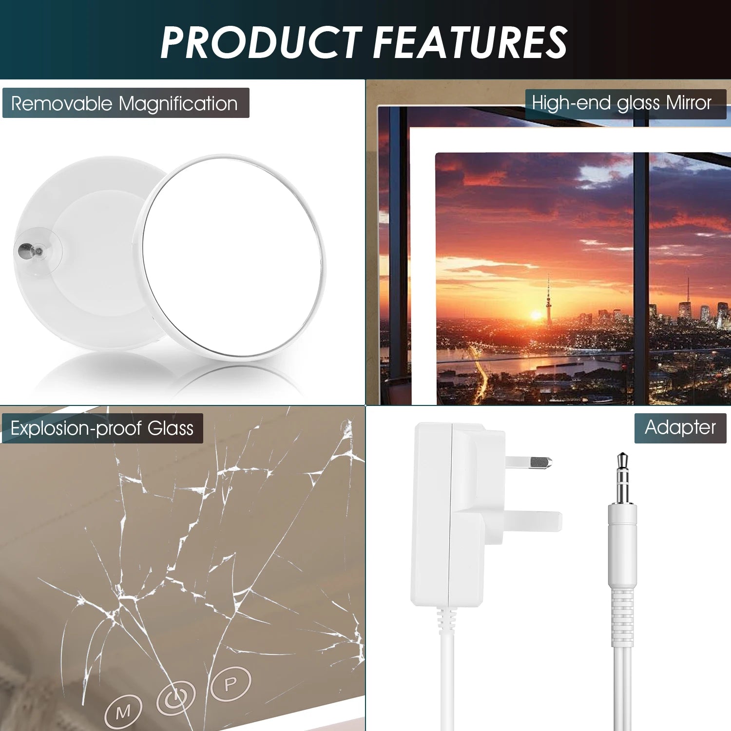 Makeup Mirror with LED Light Bar Dimmable Bluetooth USB Charging port Lighting Cosmetic Mirror for Bathroom Dressing table Wash