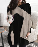 Vestido de patchwork con cuello en V y manga larga para mujer, estilo casual, talla grande, estilo europeo y americano. 