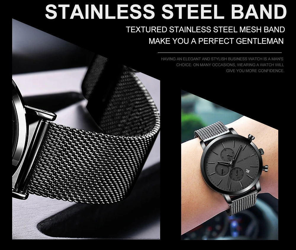 HANNAH MARTIN Brand Men Watch Black Stainless Steel Waterproof Fashion Sports Multifunctional Quartz Wristatch Relogio Masculino