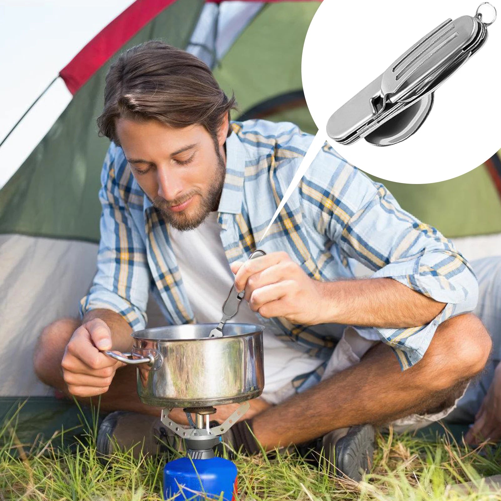Juego de vajilla para exteriores, cuchara, tenedor, cuchillo, abridor de botellas, acero inoxidable, 4 en 1, plegable, juego de cubiertos para acampar, utensilio para Picnic