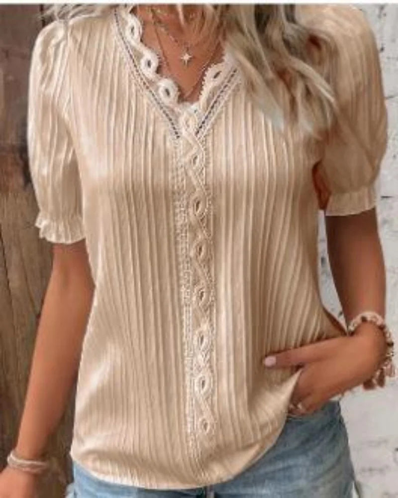 Plus Size Women's Shirt Blouse Yellow-green Violets White Plain Lace Short Sleeve Casual Basic V Neck Regular Pullover White Blo