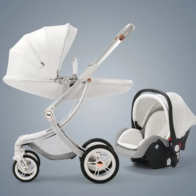 Cochecito de bebé 3 en 1, de lujo, con asiento para el coche, de piel sintética, con diseño de cáscara de huevo y paisaje alto.